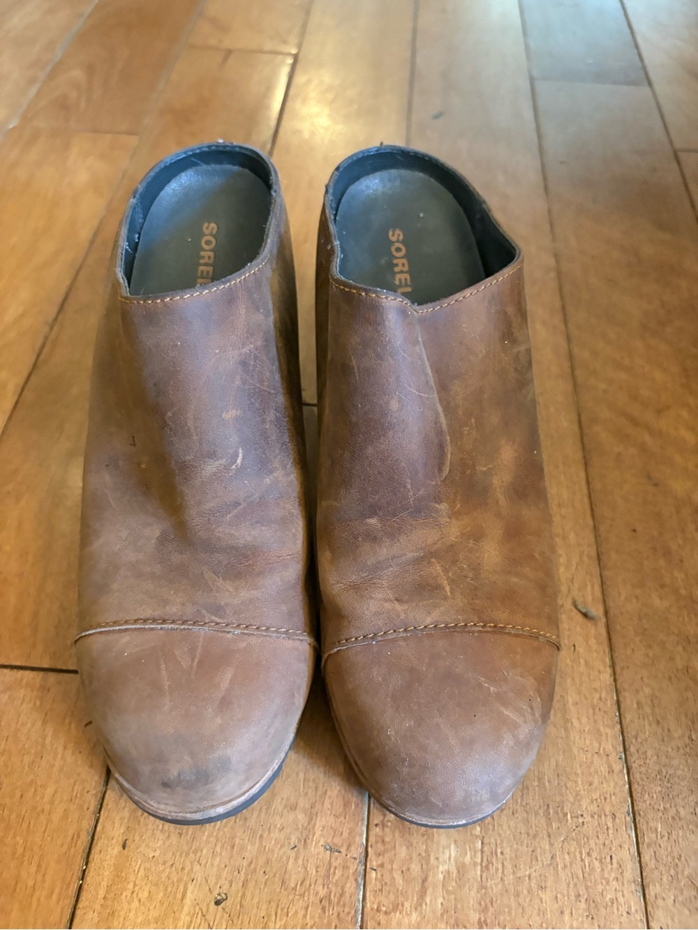 Sorel Brown Leather Stacked Heel Mule Boot - Picture 2 of 5